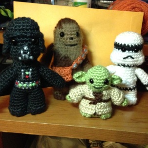 Darth Vader, Chewie, Yoda, and a Storm Trooper